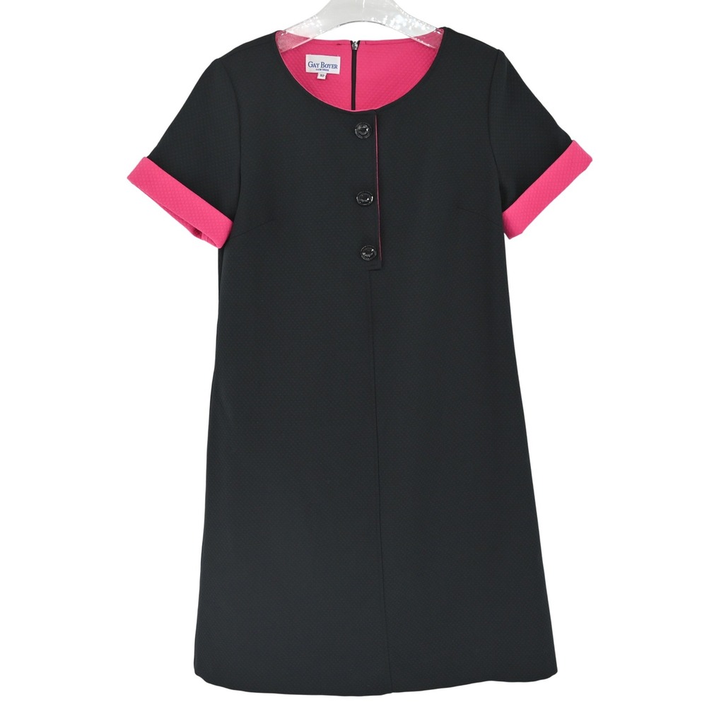 VTG Gay Boyer Vintage 60s Style Mod Shift Dress Black Pink Contrast Trim Size 10